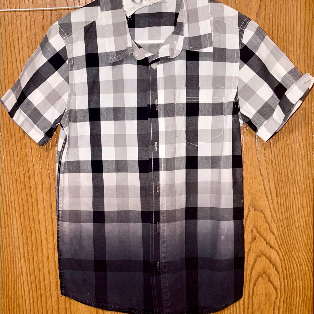 Boys Rustic Blue brand Checkered Black and White Starched Dress Shirt Sz 8-Sm